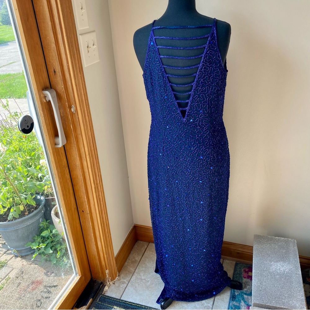 SCALA Gown Beaded Dress Silk Blue Y2K Vintage Flapper Prom Glam Regency